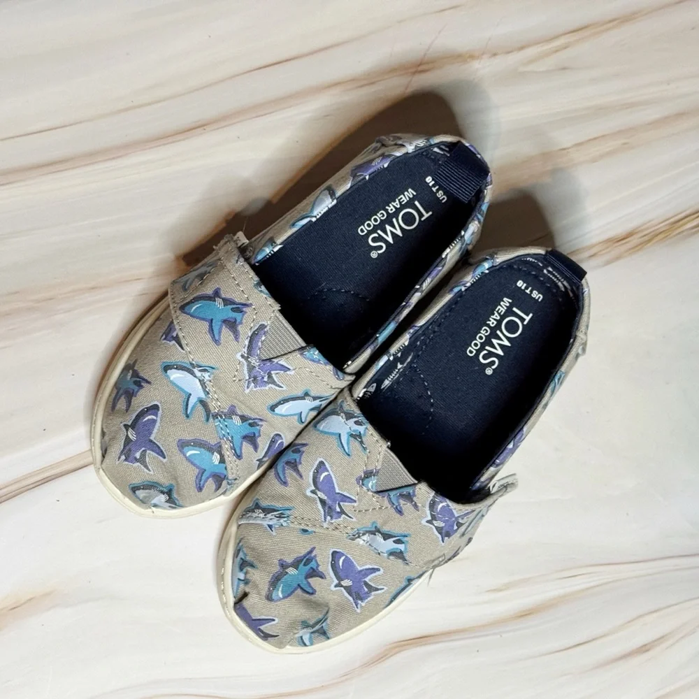 Toms Kids Shoes with Blue and Gray Shark Print. Size 10. Good Condition